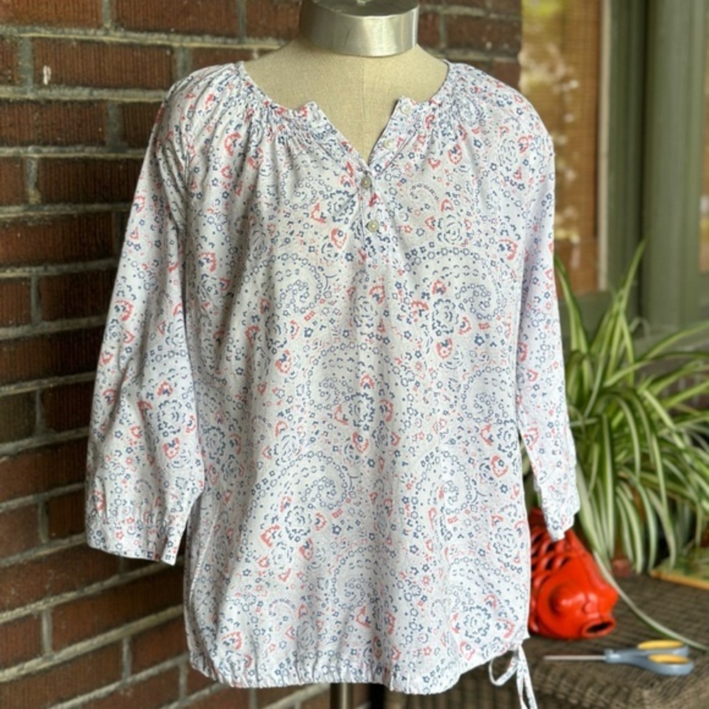 LL Bean white 3/4 sleeve top w/red/blue paisley/smocking/drawstring bottom. …